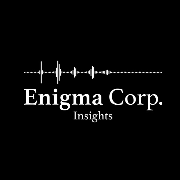 Enigma Corp Insights en blanco y negro, acompañado de una línea de audio que al reproducirse menciona el nombre de la marca.