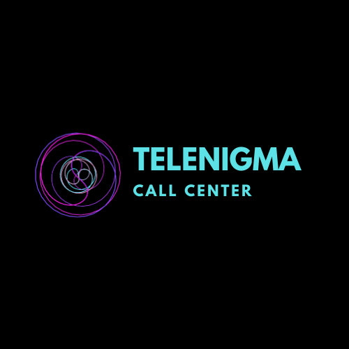 Logo de Telenigma en un fondo negro y letras azul turquesa con una combinación de un logo de colores y una unión del todo.
